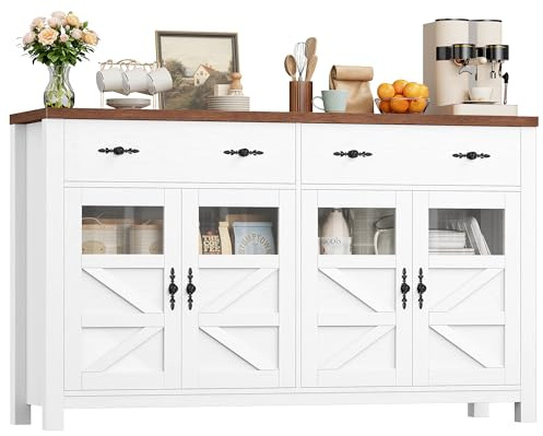 FirFurd Sideboard weiß 140 cm Küchenschrank mit 2 Schubladen 4 Türen
