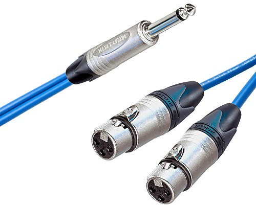 Neutrik Mono Jack Split to 2 Dual Female XLR Cable. Splitter Summing Lead 1m+ (3m, Blue)
