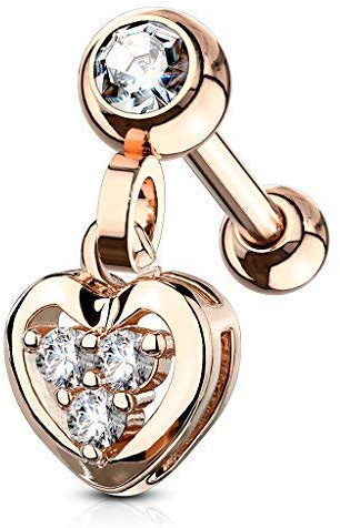 Tapsi´s Coolbodyart® Ohr Cartilage Tragus Barbell Edelstahl Chirurgenstahl 316L Roségold Zirkonia Herz Anhänger