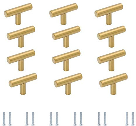 Möbelgriffe T Stangengriff Möbelknöpfe Gold 12 Stück, Kommodenknopf Türknauf Aluminiumlegierung Schubladenknöpfe für Schrank Küchenschrank Kleidschranktür