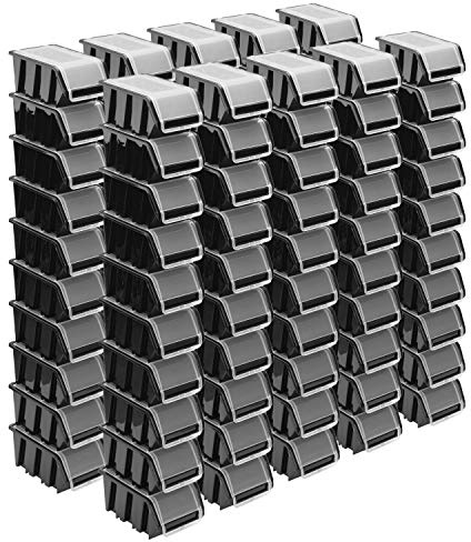 Set med staplingsbara lådor – 100 x stapelbara lådor med lock, 155 x 100 x 70 mm, genomskinlig låda, stapellåda, svart