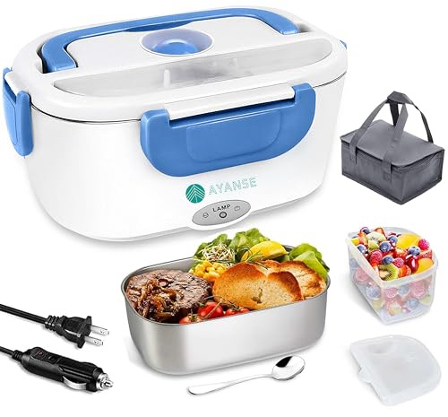 AYANSE Fiambrera Electrica 60W 12/24V & 220V, 1,5 Litros - Taper Eléctrico para Comida con Cuchara y Bolsa Isotérmica - Ideal para Casa, Oficina y Camping