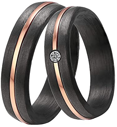 DOOSTI Damen Herren Ring Carbon Schwarz mit Edelstahl Einlage Rosegold mit Zirkonia als Partnerring Ehering Freundschaftsring