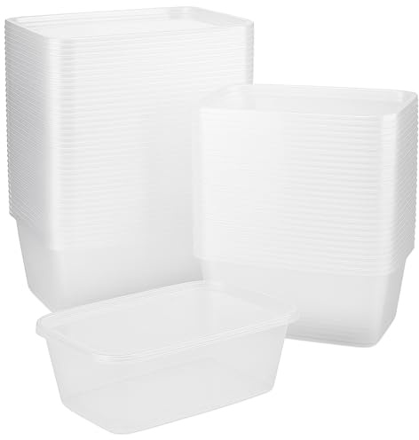 Party Warehouse - 50 x 1000ml Clear Plastic Food Storage and Meal Prep Disposable Containers with Lids - Microwave and Freezer Safe - Recyclable (50 Containers & 50 Lids 1000ml)