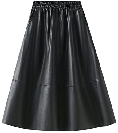 Easyoyo Gonna longuette plissettata a trapezio in ecopelle con tasche, nero, Taglia Unica