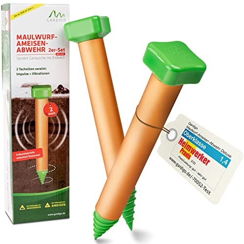 GARDIGO® Maulwurf Vertreiber Ameisenabwehr Deluxe mit Bohrhilfe - 2er Set I 400-500 Hz I ca. 1250m² I Maulwurfschreck mit Vibrationsmotor I Wühlmausvertreiber für den Garten I Batteriebetrieben