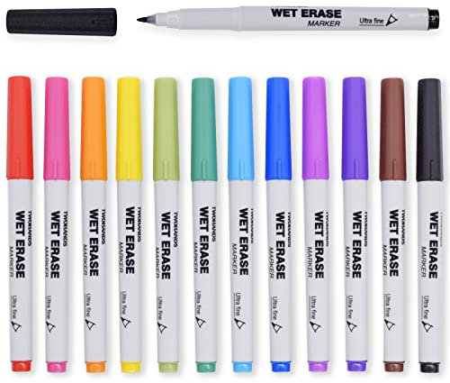 TWOHANDS Våtsuddbara markörer ultrafin spets, 0,7 mm, låg lukt, extra fin spets, 12 blandade färger, whiteboardmarkörer för kontor, hem eller planering whiteboard, 20703