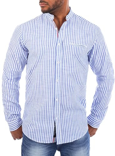 Carisma Herren Hemd Leinen Baumwoll Mix - Freizeit Oberteil mit Stehkragen trendig längs gestreift Langarm Basic Kontrast Look - Modell 8455, Grösse:L, Farbe:Blau
