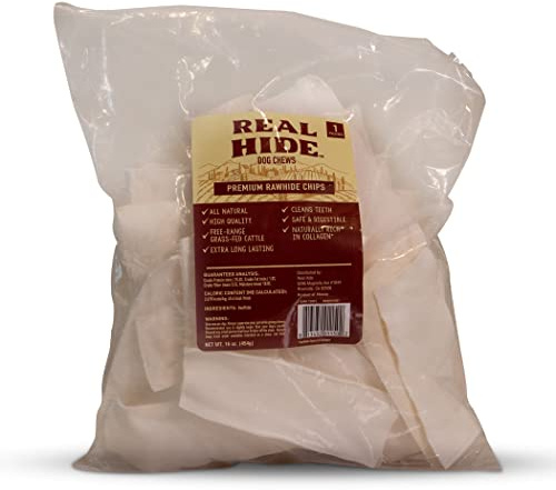 Real Hide | All Natural Dog Chew Treats - Premium Rawhide Chips - Long Lasting Grass Fed Free Range Beef Hide - Small/Medium/Large Dogs - 1 Pound