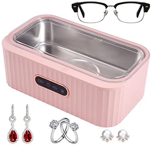 Vusddy Ultrasonic Cleaner 45 kHz - Mini Ultrasonic Cleaner for Glasses, Jewellery, Rings, Dentures - 400 ml Ultrasonic Bath, 4 Cleaning Modes, Small and Portable, Pink