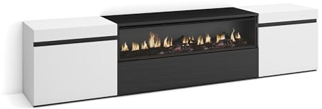 Skraut Home | Mueble TV | Televisión | Muebles de salón, almacenaje | 200x45x35cm | para TV hasta 80 | Chimenea eléctrica | Estilo Moderno | Blanco y Negro