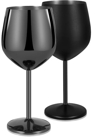 Livole 18oz 550ml Stainless Steel Wine Glasses, Elegant Goblet, Unbreakable Wine Glasses for Cocktail, Camping Wine Glass Set of 2, Red Wine Glass for Picnic, Party, Matte Black and Gloss Black