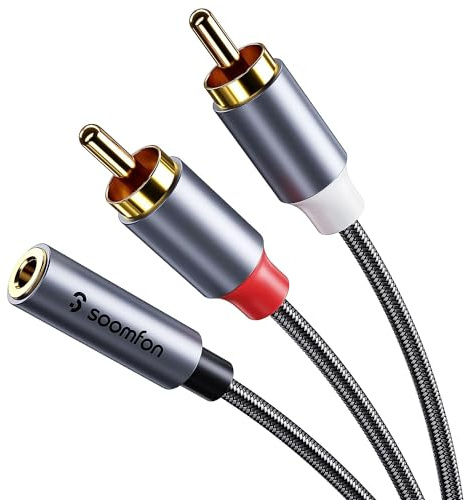 SOOMFON RCA to 3.5mm Audio Cable 2RCA to Aux 3.5mm Mini Jack Audio Lead 3M | Red and White 2RCA Male to 3.5mm Jack Female Nylon Braided Gold-Plated Plug Stereo for Hi-Fi Amplifier Speaker Turntable
