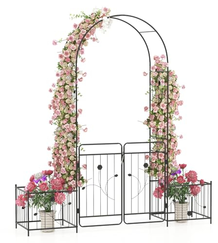 RELAX4LIFE Arco de rosas con puerta 2 jardineras, arco para plantas trepadoras, arco de metal para jardín de boda, 202 x 50 x 220 cm, color negro
