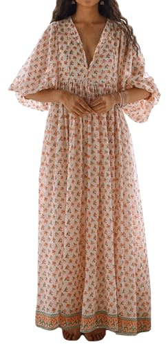 Women Y2K Floral Maxi Dress, Summer Boho Printed 3/4 Lantern Sleeve V Neck Dress Casual Loose Swing Bohemian Beach Sundress
