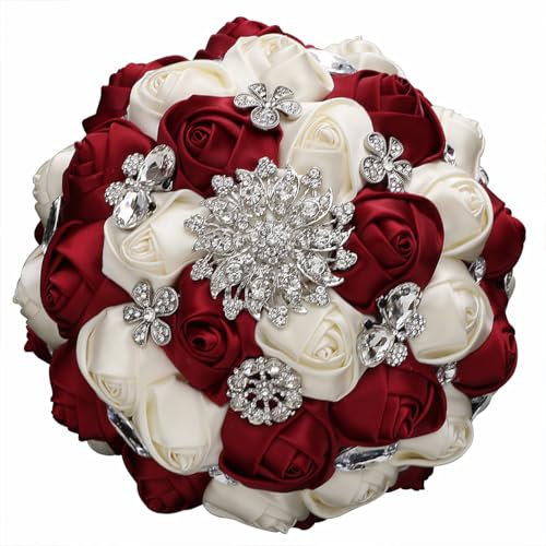 Künstlicher Rosenstrauß für Hochzeiten und Partys, handgefertigte rosa Satin-Rosen mit Diamantbesetzten, dunkelrote und weiße Blumen, ideal für Geburtstage und Dekorationen, 20 cm Blumenstrauß