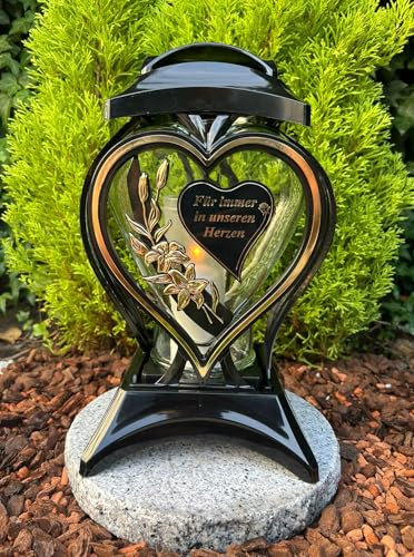 Herzförmige Grablampe mit Blumenmotiv, Herz mit Text Für Immer in unseren Herzen Grabllicht Kerze Neu inkl. Kerze ohne Sockel