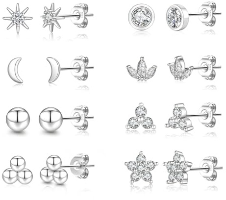 Senteria 6/8 par örhängen för kvinnor, 925 sterlingsilver, allergivänliga små silverörhängen, kubisk zirkonia, för flera piercingar, Small, Sterlingsilver, Kubisk zirkonia