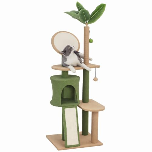 PawHut Kratzbaum 139cm hoch Mehrstöckig mit Höhle für Katzen bis 5 kg Grün | Katzenbaum, Sisal-Kratzsäulen, Kratzbrett, Katzenkratzbaum mit Spielbälle, Katzenmöbel