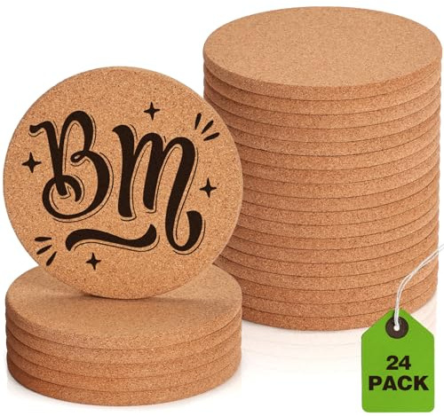 24 PCS Cork Coasters for Laser Engraving, GOH DODD Thicken Absorbent Mats Blank Coasters Bulk Tabletop Protection Plant Saucers for Drinks Wood Burning Arts Crafts DIY Resin Gifts, 4 Inch, Round