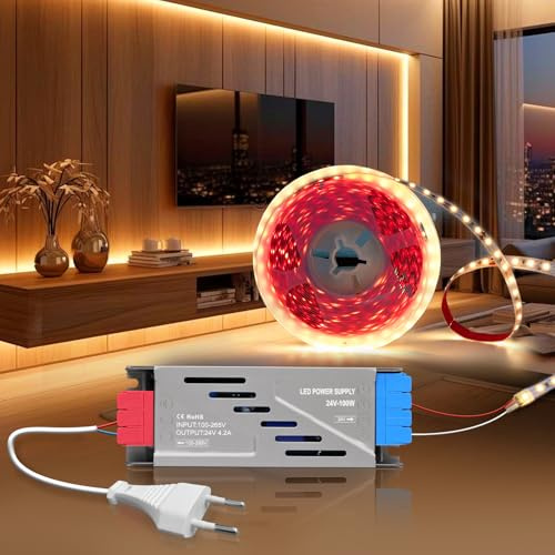 BRIMETI Tira LED 24V 5M Autoadhesivo Luz Blanco Caldo 3000K Tira LED Cocina 120LED/M Flexible Ancho 8mm para Dormitorio Fiestas Gabinete, Con 24V Transformador 100W y Cable de Alimentación