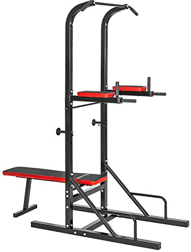 tectake® Kraftstation für Zuhause Home Gym Zubehör Sportgerät Fitnessstation, Kraftturm mit Klimmzugstange, Fitnessgerät mit Dip Station, Fitnessbank Hantelbank, Trizeps, Bizeps Trainingsgerät