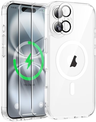 ORETECH für iPhone 16 Hülle 6,1 Zoll mit 2 Schutzfolie und 1 Kameraschutz, Kompatibel mit Mag-Safe, Stoßfest Kratzfeste Transparent Magnetisch Handyhülle für iPhone 16 Case, Durchsichtig