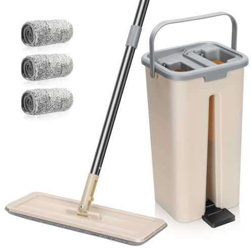 MASTERTOP Mop and Buckets Sets, Compact Floor Mop and Buckets with Wringer Set, Magic Mops with 3 Reusable Washable Pads, 360° Flat Squeeze Mops Bucket for Hard Floors, 19x16x35cm