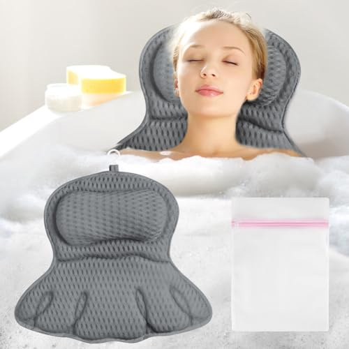 flintronic Badewannenkissen, Ergonomisches Luxus-Badewannenkissen, 4D-Badekissen für die Badewanne mit 6 Leistungsstarken Saugnäpfen für Home Spa und Badewannen Stützt Kopf, Nacken, Schultern (Grau)