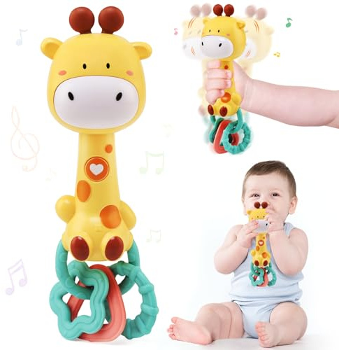 JoyPlus Babyleksaker 6–12 månader, babyskallror musikleksaker, musikalisk giraff sensorisk leksak med bitring och lampa, original nyfödda babygåvor 0 6 12 18 månader