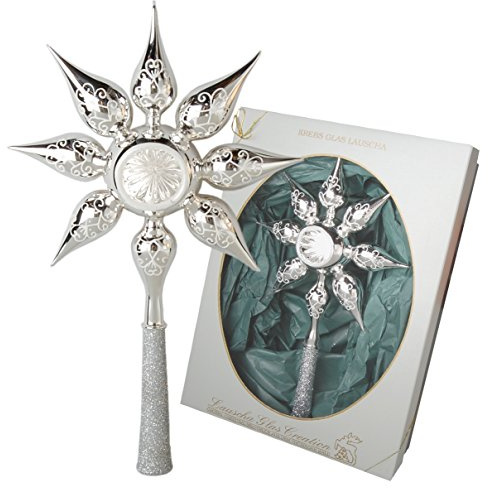 Krebs Glas Lauscha - Weihnachtsdekoration/Christbaumschmuck aus Glas - Reflex Weihnachtsbaumspitze Stern - Farbe: Silber - Größe: ca. 30 cm - Made in Germany