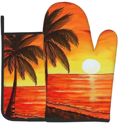 Sunset Lot de 2 gants de cuisine et maniques imprimés palmiers – Résistants à la chaleur et imperméables pour barbecue