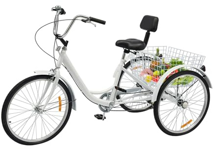 Chensyo 24-Zoll-Dreirad für Erwachsene mit 6 Gängen und Einkaufskorb Frei einstellbare Fahrzeughöhe mit Klingel für Senioren in der Stadt, am Strand, auf Radwegen und auf verschiedenen Straßen
