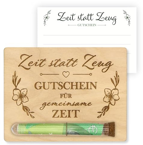 ZUKLA Zeit statt Zeug Gutschein - 13 x 10 cm - mit Reagenzglas - Geldgeschenk Verpackung aus Holz - Zeit zu Zweit Geschenk