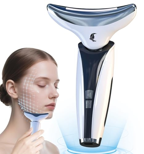 Calason Masajeador Facial Eléctrico Cara Antiarrugas, EMS Lifting Calor 45°C, Dispositivo de Belleza Facial y Cuello con 4 Modos y Luz LED Multicolor, Reafirmante Doble Mentón