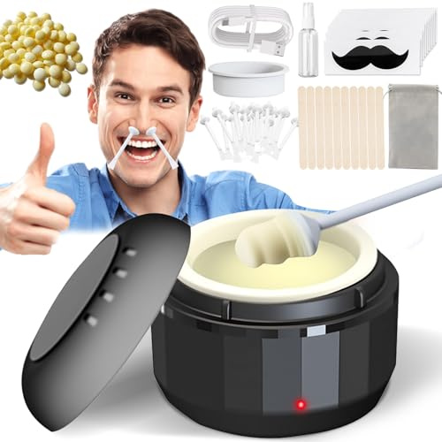 Nose Hair Wax Kit for Men and Women with 100g Nose Hair Removal Wax of 10 reusable Wax Sticks, Facial Waxing Kit with Black Heater for Unsightly, Itchy Nasal Hair