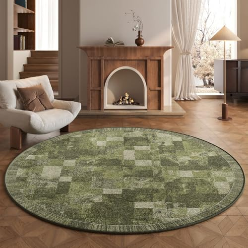 RBQIZVW Vintage Kinderzimmer Teppich Rund 180 cm,Waschbare Teppiche Grün Runder Wohnzimmer Teppiche rutschfest Bedruckter Kurzflor Teppich Schlafzimmer,Hochwertiger Robuster Küchenteppich
