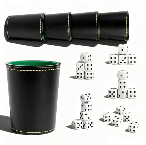 Ulmil Lot de 5 gobelets en Cuir, avec 25 dés : Jeux de Dés, Lot de 5 Gobelets à dés en Cuir, 5 PièCes Ensemble De Tasses à DéS EnCuir PU, Gobelets Silencieux, Jeux de Voyage pour Adultes