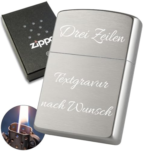 Personalisiertes Feuerzeug mit Gravur, hergestellt mit Zippo Sturmfeuerzeug Chrome Brushed, Geschenkidee für Männer, Papa, Freund (3 Zeilen Text)