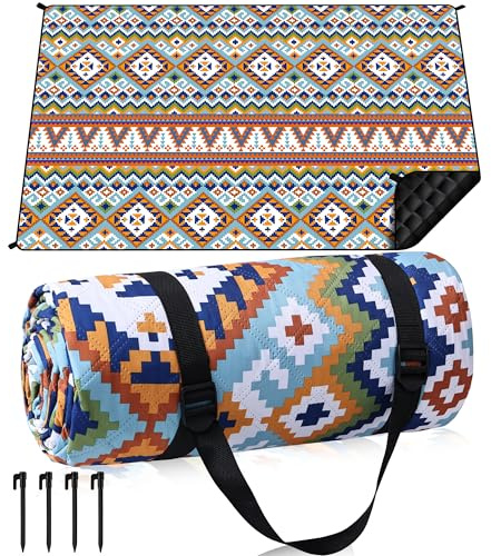 Gucass Boho Picknickfilt, vattentät strandfilt på 200 x 300 cm, sandfri strandmatta med bärrem och 4 pinnar, bärbar, tvättbar, XXL-campingfilt, picknickfilt för park, strand