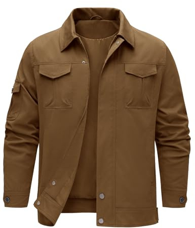 TOMEEK Chaqueta Hombre Entretiempo Casual Impermeable Botón Chaqueta de Aviador Cargo Clásico Primavera Verano Cazadora Ligera con Múltiples Bolsillos(Caqui,M)