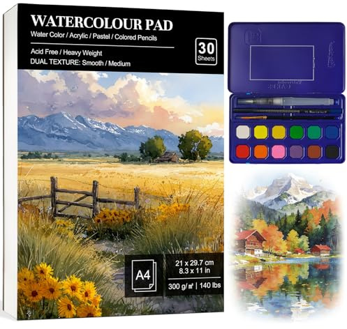 DazSpirit Aquarellblock A4, 30 Blatt Aquarellpapier, 300 g/m² mit Malset | Säurefrei und geleimt, inklusive Pinsel, Bleistift und 12 Farben – für Aquarell, Acryl, Zeichnen und Malen