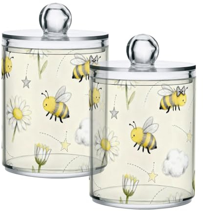 Yellow and White Daisy Flower and Bee Clear Plastic storage container with lid Bathroom Essentials Decorative storage bin for Cotton Swabs,Cotton Pads,Floss Picks,Paper Clips,Hair Clips 2 Pack