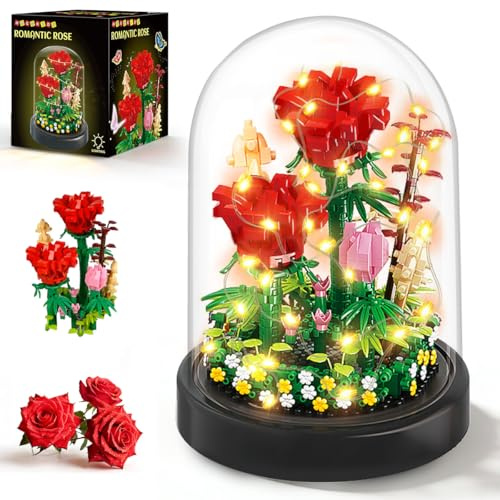 HOGOKIDS Red Rose Flower Building Set with LED Light & Cover for Adult Girl | 596 PCS Mini Flower Bouquet Kits Botanical Building Blocks Mother's Day Birthday Gifts Girlfriend Mom Wife Home Decor Display