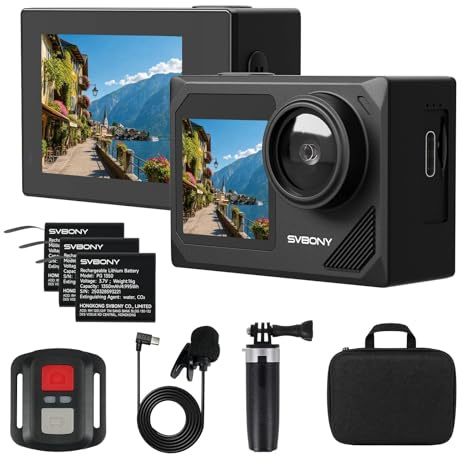SVBONY SVGo2 4K Vlog Kamera mit Reise-Kit | Action Cam mit 3x1350mAh Akkus, Ext-Mikrofon, EIS 2.0, Fernbedienung, Tragetasche & Selfie-Stick für Reisen
