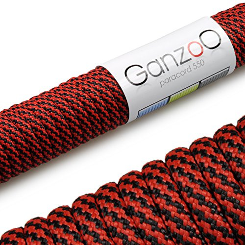 Ganzoo Paracord 550 Seil, Nylon-Polyester, 4mm, Typ 3, 30 Meter, 7 Kernstränge, Outdoor-Schnur, Allzweck-Seil, Hundehalsband, Hundeleine, Armband knüpfen, Camping, Survival - rot schwarz