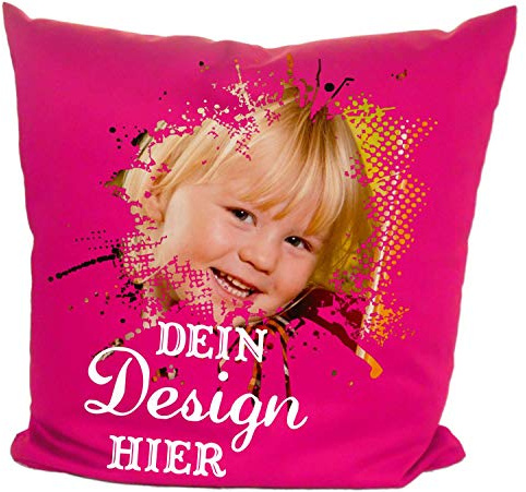 Druckreich Kissen selbst gestalten, Fotokissen mit Wunschtext, Logo, Motiv, Foto, personalisiert (pink, Mit Füllung)