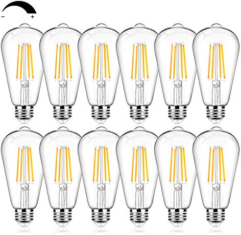 12Packs ST64 Large Vintage LED Edison Bulbs, 60W Equivalent 7W, 800Lumens, Dimmable Antique LED Filament, 2700K Warm White, E26 Medium Base Light Bulbs High Brightness Clear Glass for Bedroom Office