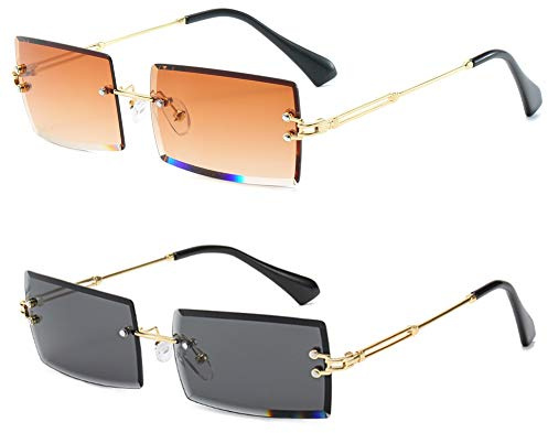 Grainas Retro Randlose Rechteck Sonnenbrille für Damen Herren Gold Ultraleicht Rahmen UV400-Schutz Vintage Bonbonfarben Klassische Quadratische Brille (Braun + Schwarz)