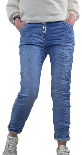 Karostar Damen Stretch Jeans| Sweat Denim Boyfriend Hose| mit sichtbarer Knopfleiste (Sweat Denim, L)